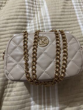 Badgley Mischka Quilted Beige Crossbody Bag with Gold Chain